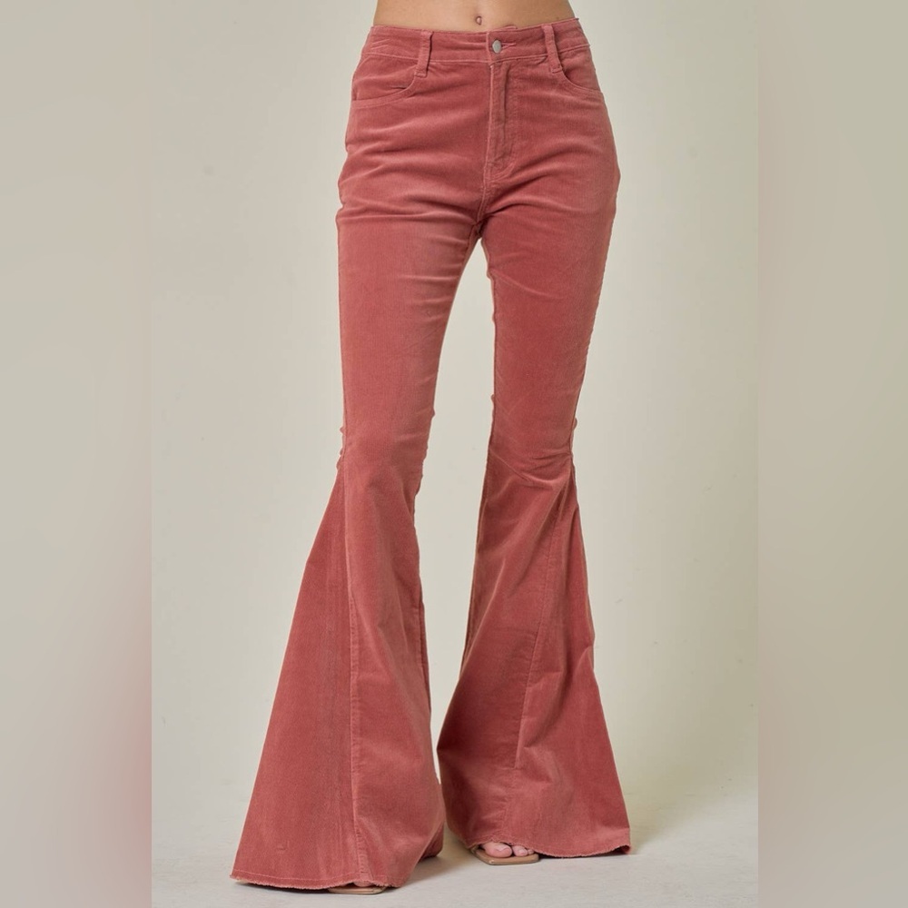 Boho Lightweight Corduroy Bell Bottom Pants High-Waisted Retro Mauve - Picture 4 of 5
